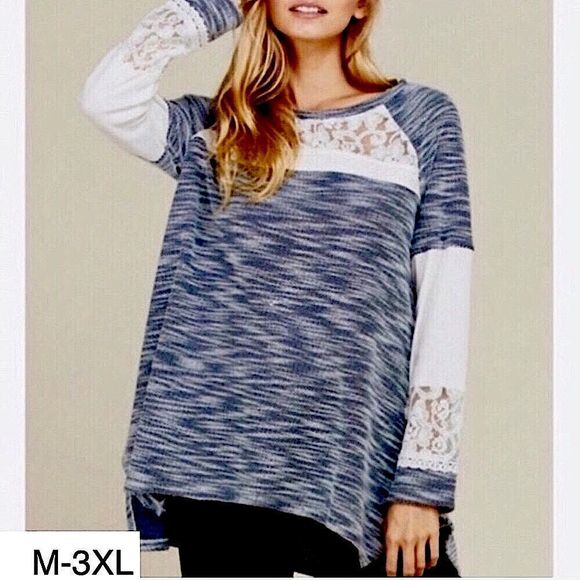 Navy Blue Marled Knit Lace Accent Tunic Sweater S-3XL - Picture 2 of 8